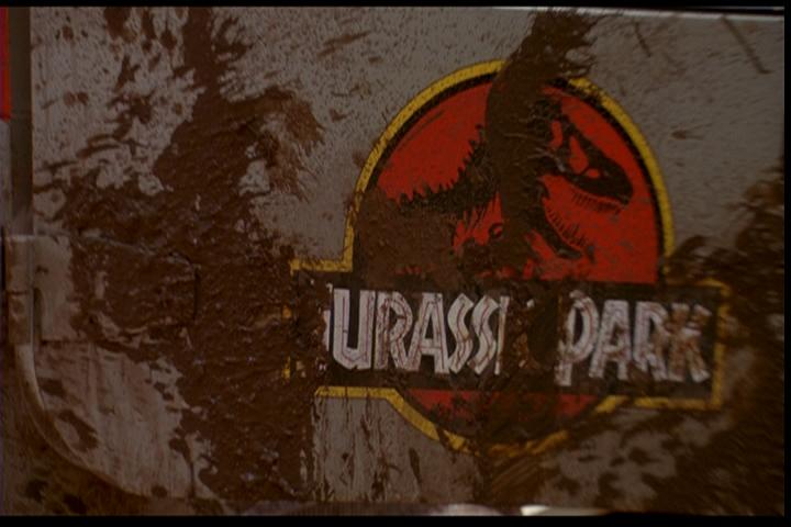 The Jurassic Park logo is on the door